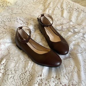 Brown leather ballet flats with ankle straps